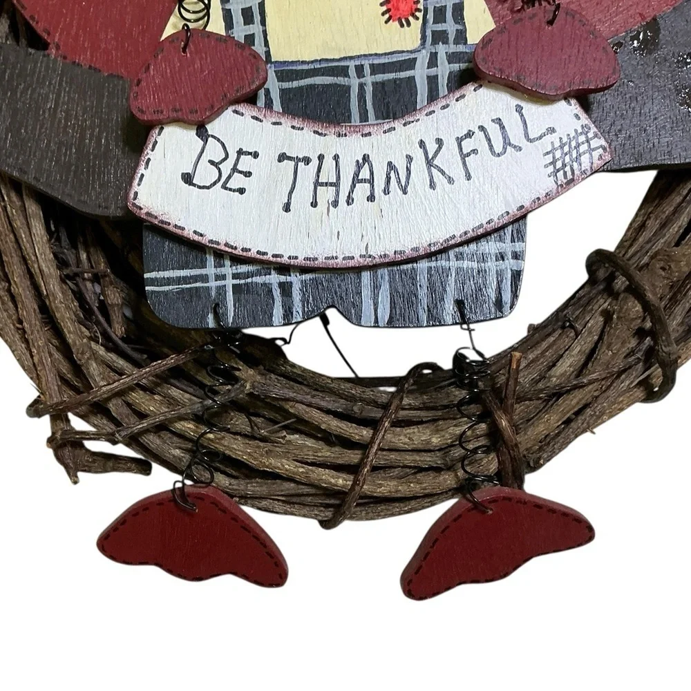 Hand Crafted Thanksgiving Turkey Wreath BeThankful Rustic Red Brown Accent 14 In